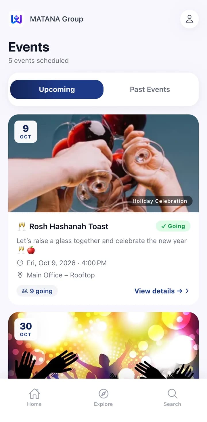 Upcoming events and RSVPs in the MATANA app